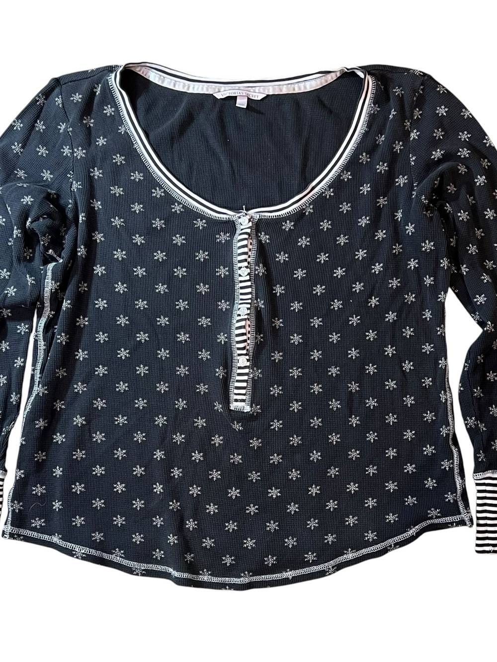 Victoria's Secret Black Long-Sleeve Henley with White Snowflake Print